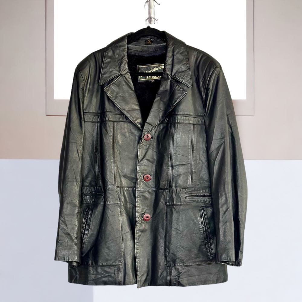 Raffaelo Men's Black Leather Blazer Jacket With Fleece Sherpa Size 44